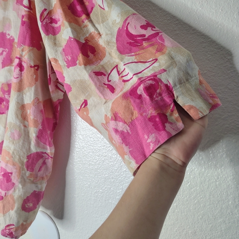 JM Collection Woman 100% Linen Floral Blouse Pink Orange Plus Size 24W Boho Top - Picture 12 of 16